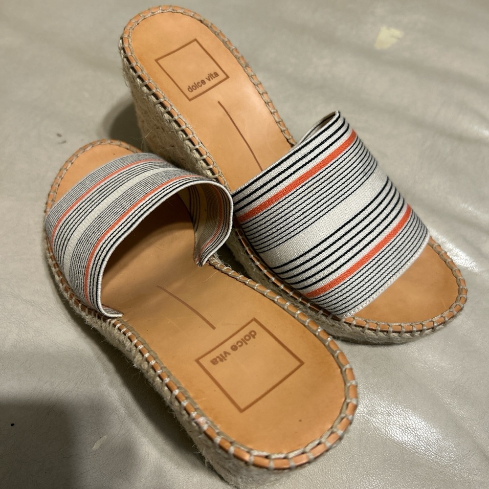 Dolce Vita Wedge Sandals - Black, White, Orange Stripes
